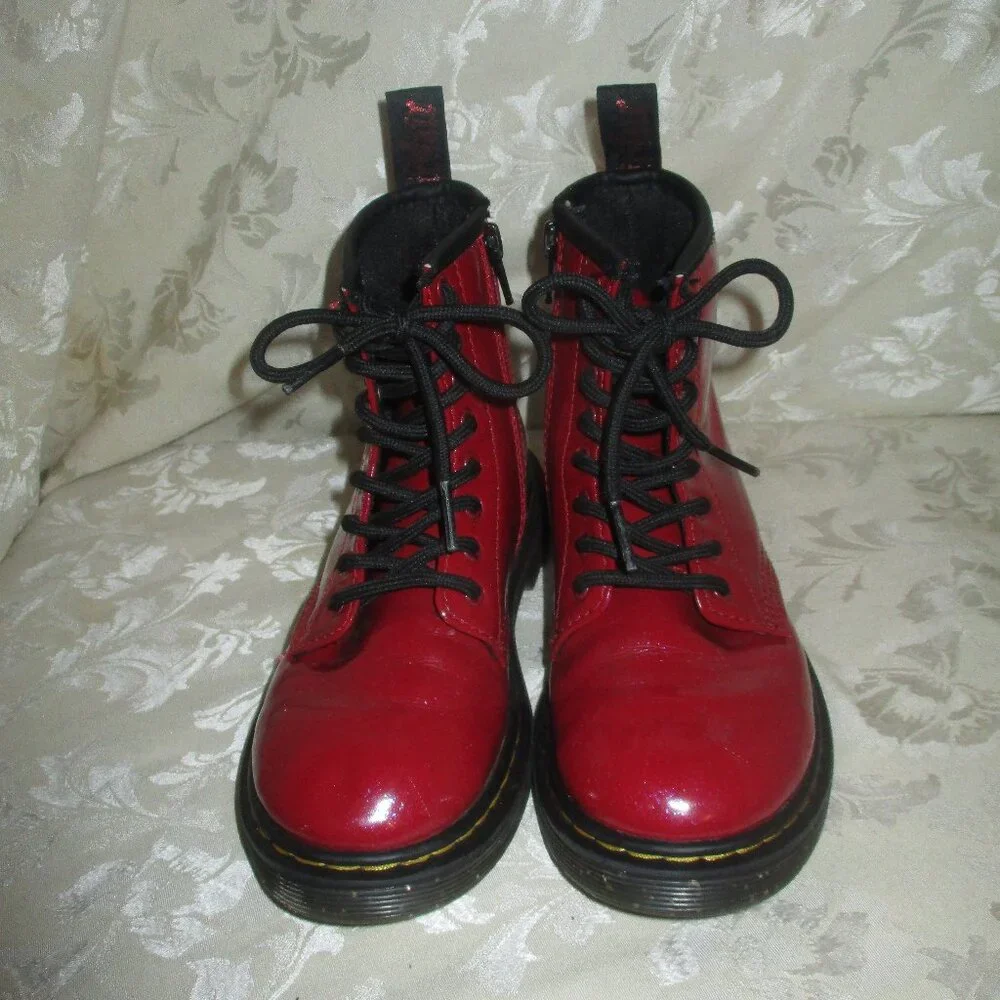 Dr. Martens Kids Red Patent Leather Lace-Up Boots